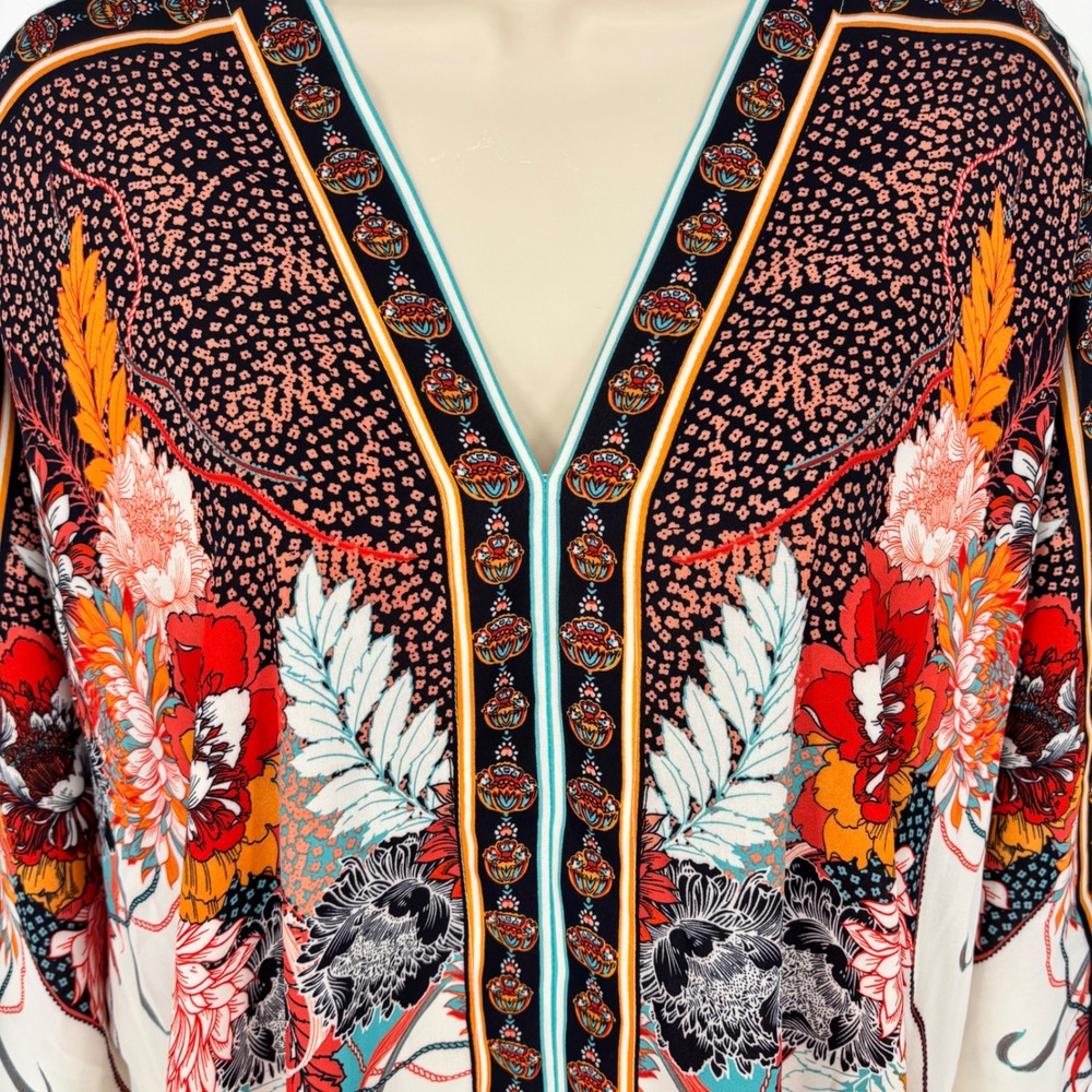 Rose + Olive Womens Medium Floral Border Print V-Neck Kimono Blouse Cream Red